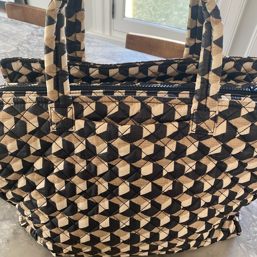 MZ Wallace Cream and black Quilted Tote with Tan Trim - Picture 2 of 5
